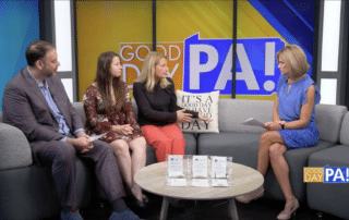 A photo of Dr. Michael Verber alongside Rebecca Kipe of Peace Promise and survivor Donna on ABC27's Good Day PA